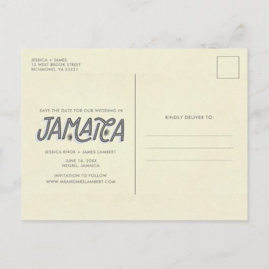 Tropische Jamaica Destination Wedding Save the Dat Aankondigingskaart (Achterkant)