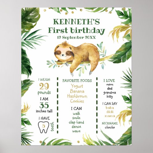 Tropische jongen Sloth First Birthday Sign. Poster (Voorkant)