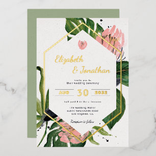 Tropische jungle bloem moderne roze bloem & blader folie uitnodiging