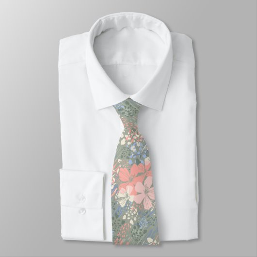 Tropische Jungle Hibiscus Dierprint -Sage Stropdas (Gebonden)