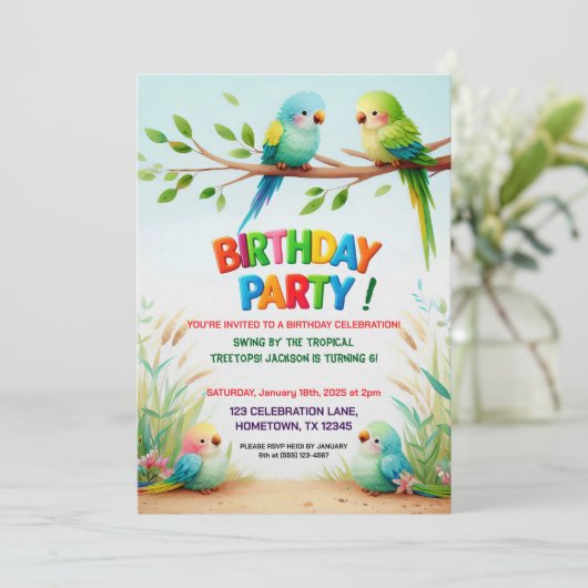Tropische Jungle Verjaardagsuitnodiging voor Kinde Kaart (Staand voorkant)