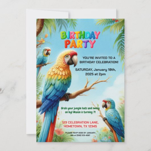 Tropische Jungle Verjaardagsuitnodiging voor Kinde Kaart (Voorkant)