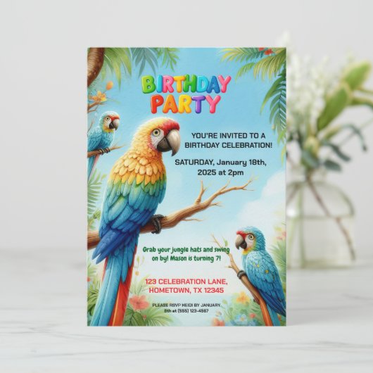 Tropische Jungle Verjaardagsuitnodiging voor Kinde Kaart (Staand voorkant)
