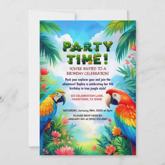 Tropische Jungle Verjaardagsuitnodiging voor Kinde Kaart (Voorkant)