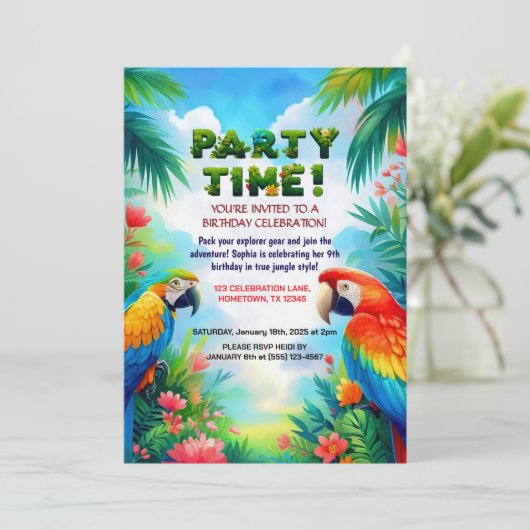 Tropische Jungle Verjaardagsuitnodiging voor Kinde Kaart (Staand voorkant)