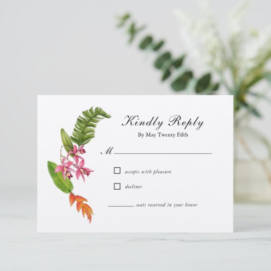 Tropische Kaart met bloedige bruiloft RSVP (Staand voorkant)