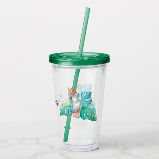 Tropische kaketoe papegaai gepersonaliseerd acryl drinkbeker (Achterkant)