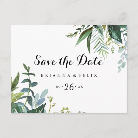 Tropische kalligrafie horizontaal Save the Date Briefkaart (Voorkant)