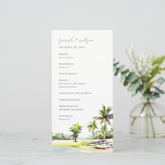 Tropische kastal Palm Trees Wedding Program Card Bedankkaart (Staand voorkant)