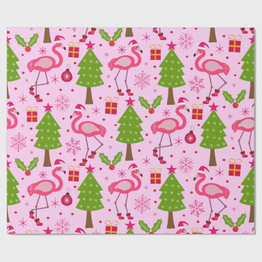 Tropische kerst flamingo met dennenboom op roze cadeaupapier (Vlak)