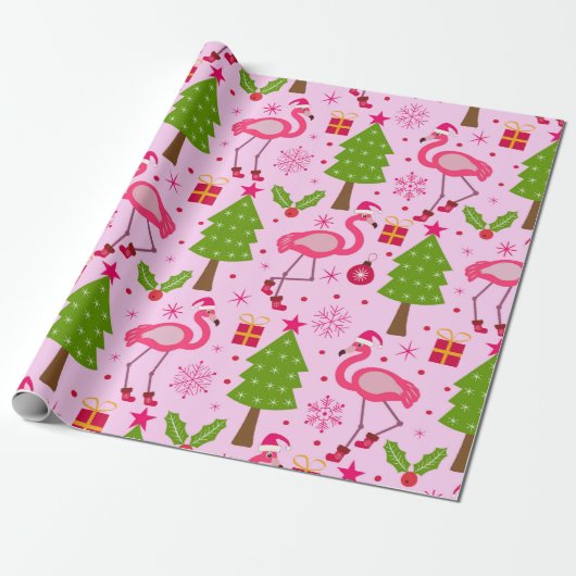 Tropische kerst flamingo met dennenboom op roze cadeaupapier (Uitgerold)