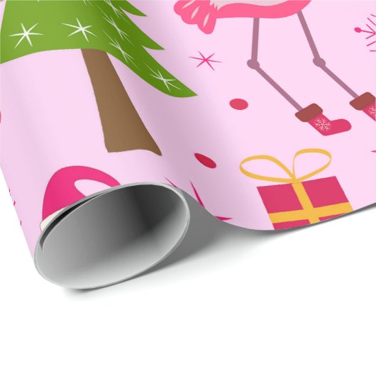 Tropische kerst flamingo met dennenboom op roze cadeaupapier (Rol Hoek)
