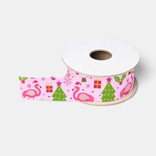 Tropische Kerst Flamingo Met Dennenboom op Roze Grosgrain Lint