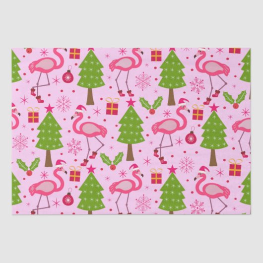 Tropische kerst flamingo met dennenboom op roze tissuepapier (Voorkant)