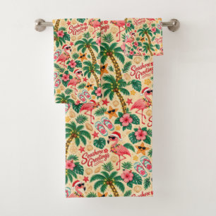Tropische Kerst Flamingo's en Palmbomen Bad Handdoek
