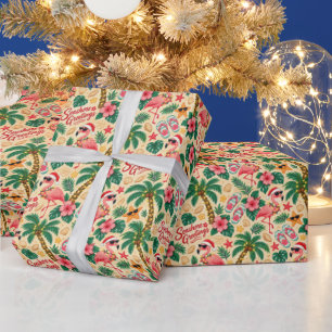 Tropische Kerst Flamingo's en Palmbomen Cadeaupapier