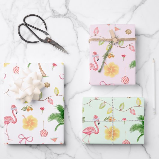 Tropische Kerst Hawaii Beach Santa Flamingo Inpakpapier Vel (Voorkant)
