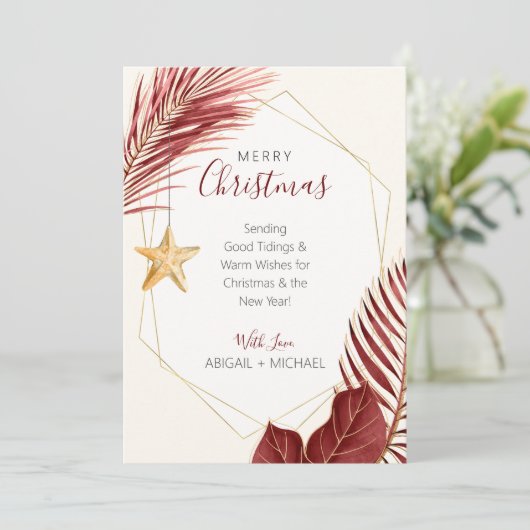 Tropische kerst met maroon- en goudpalm feestdagenkaart (Staand voorkant)