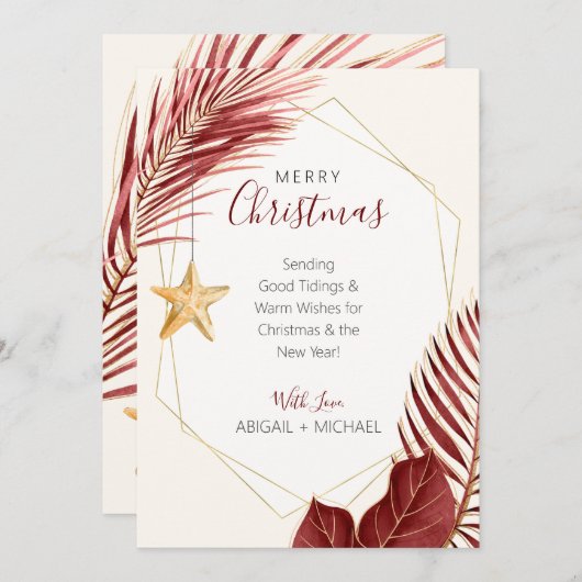 Tropische kerst met maroon- en goudpalm feestdagenkaart (Voorkant / Achterkant)