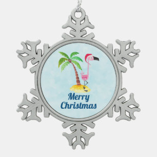 Tropische kerst met roze flamingo tin sneeuwvlok ornament
