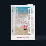 Tropische Kerst op het Strand Zand Sneeuwman Kaart<br><div class="desc">Schattige zandman met gestreepte breien muts in het zand op het strand aan de oceaan met raamkozijn</div>
