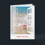 Tropische Kerst op het Strand Zand Sneeuwman Kaart<br><div class="desc">Schattige zandman met gestreepte breien muts in het zand op het strand aan de oceaan met raamkozijn</div>