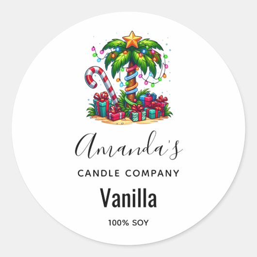 Tropische Kerst Palm Tree Candle Business Ronde Sticker (Voorkant)
