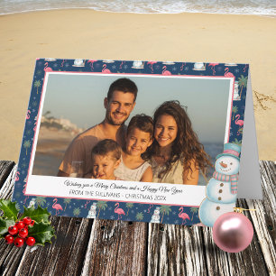 Tropische Kerst Roze Flamingo & Palmboom Foto Feestdagen Kaart