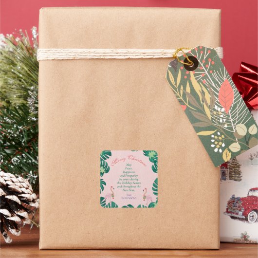 Tropische Kerst Roze Flamingo Santa Hat Baubles Vierkante Sticker (Feestdagen)