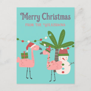 Tropische Kerst Roze Flamingo's op Teal Briefkaart
