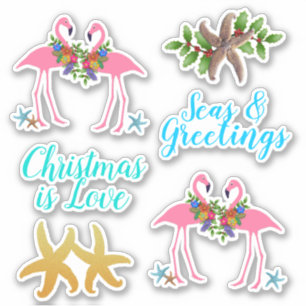 Tropische Kerst Stervormige Zeesterren Flamingo's Sticker