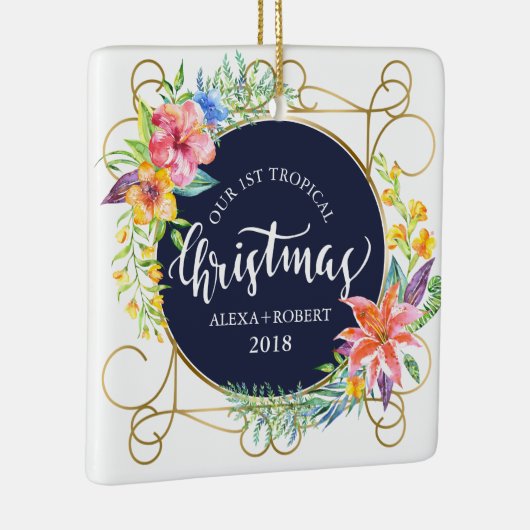 Tropische kerstbloemen en gouden Lijst Keramisch Ornament (Rechts)