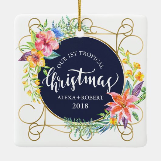 Tropische kerstbloemen en gouden Lijst Keramisch Ornament (Achterkant)