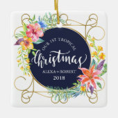 Tropische kerstbloemen en gouden Lijst Keramisch Ornament (Voorkant)