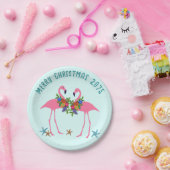 Tropische kerstboodschap roze Flamingo Papieren Bordje (Feest)