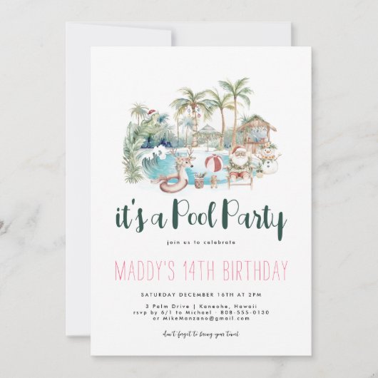 Tropische Kerstfeest Pool Party Verjaardag Kaart (Voorkant)