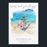 Tropische kerstfeestkaart voor kustdieren feestdagenkaart<br><div class="desc">Tropical Coastal Beach Christmas Holiday Kaart - Een prachtige, tropische strandscène, met een anker met tropische bloemen en jinglebelletjes. Strand en zee op de achtergrond. In de moderne scripttypografie staat "zeeen en groeten" met uw familie- of bedrijfsnaam, familienamen met jaartal, familienamen en stad en staat. Als u liever niet de...</div>