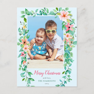 Tropische kerstFloral Blue 1-Photo Holiday Briefkaart