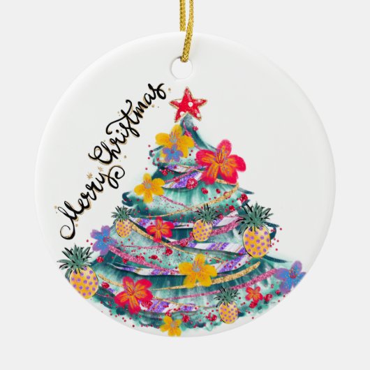 Tropische kerstkerstboom, T-Shirt naar Keramisch Ornament (Voorkant)