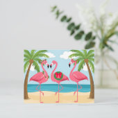 Tropische Kerstkrans met flamingo's op het strand Feestdagenkaart (Staand voorkant)