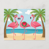 Tropische Kerstkrans met flamingo's op het strand Feestdagenkaart (Voorkant)