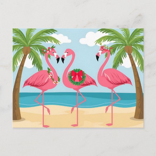 Tropische Kerstkrans met flamingo's op het strand Feestdagenkaart (Voorkant)