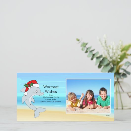 Tropische Kerstmis Dolfijn Familie Fotokaart. Feestdagenkaart (Staand voorkant)