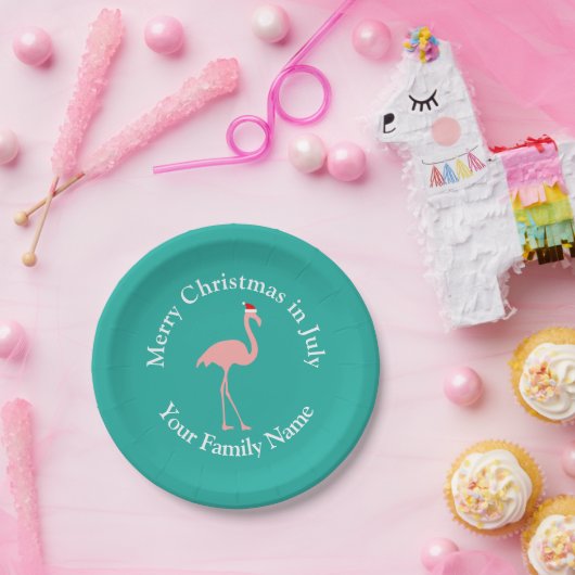 Tropische Kerstmis in juli roze flamingo Santa Papieren Bordje (Feest)