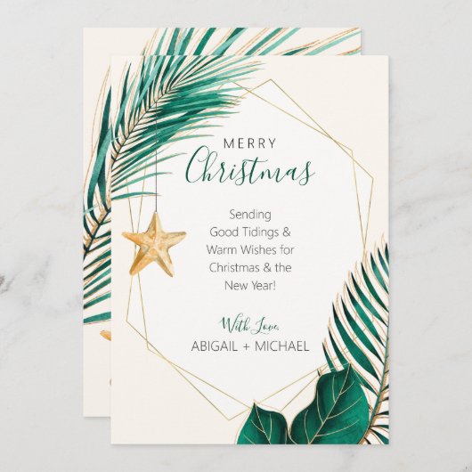 Tropische kerstmis met groene en goudpalm feestdagenkaart (Voorkant / Achterkant)