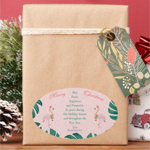 Tropische Kerstmis Roze Flamingo Kerstman Hoed Bel Ovale Sticker