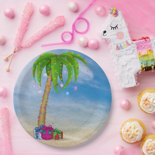 Tropische Kerstpalmboom in zand Papieren Bordje (Feest)