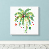 Tropische kerstpalmboom met verlichting en Ornam Canvas Afdruk (Insitu (Houten vloer))