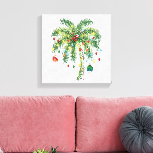 Tropische kerstpalmboom met verlichting en Ornam Canvas Afdruk (Insitu (Woonkamer))
