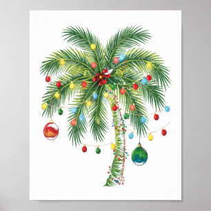 Tropische kerstpalmboom met verlichting en Ornam Poster